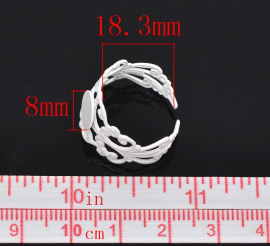Picture of Brass Adjustable Glue-On Rings Round White Flower Hollow Carved (Fits 8mm Dia) 18.3mm( 6/8")(US Size 8), 20 PCs                                                                                                                                               