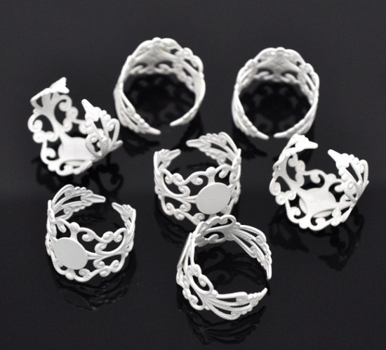 Picture of Brass Adjustable Glue-On Rings Round White Flower Hollow Carved (Fits 8mm Dia) 18.3mm( 6/8")(US Size 8), 20 PCs                                                                                                                                               