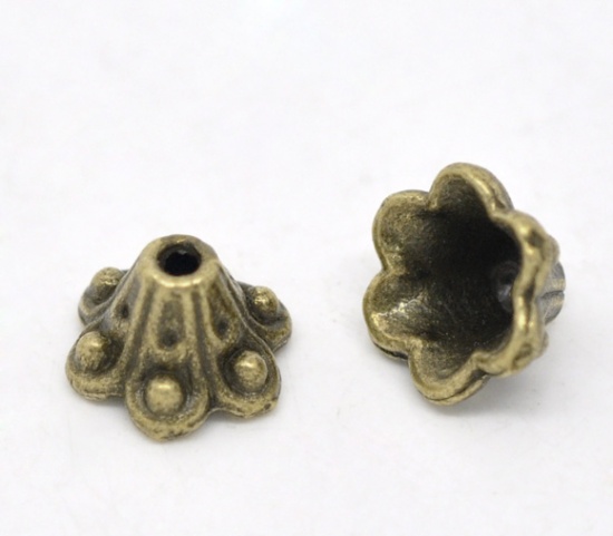 Bild von Zinklegierung Perlkappen Blumen Bronzefarbe (für 8mm Perlen) mit Punkt Muster 10mm x 5mm 100 Stück