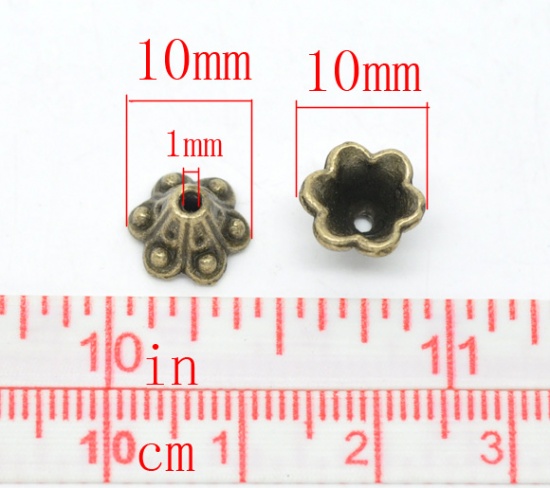 Picture of Zinc Based Alloy Beads Caps Flower Antique Bronze Dot Pattern (Fits 8mm Beads) 10mm x 5mm, 100 PCs