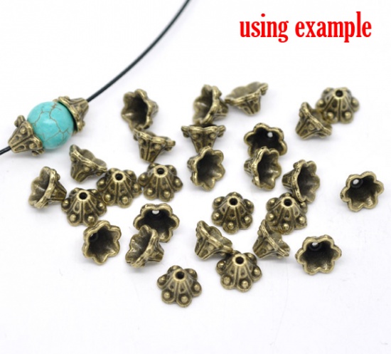 Picture of Zinc Based Alloy Beads Caps Flower Antique Bronze Dot Pattern (Fits 8mm Beads) 10mm x 5mm, 100 PCs