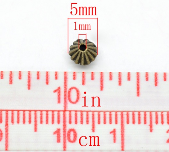Bild von Zinklegierung Spacer Perlen Zwischenperlen Bicone Bronzefarbe Streifen Geschnitzt ca. 5mm x 4mm, Loch:ca. 1mm, 200 Stück