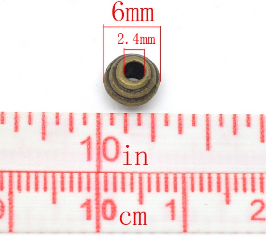 Picture of Zinc Based Alloy Spacer Beads Bicone Flying Saucer Antique Bronze Stripe Carved About 6mm Dia, Hole:Approx 2.4mm, 100 PCs