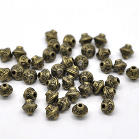 Immagine di Lega di Zinco Separatori Perline Doppio Cono Bronzo Antico Placcato Modello Disegno Circa 6.0mm x 6.0mm, Foro:Circa 1.6mm, 100 Pz