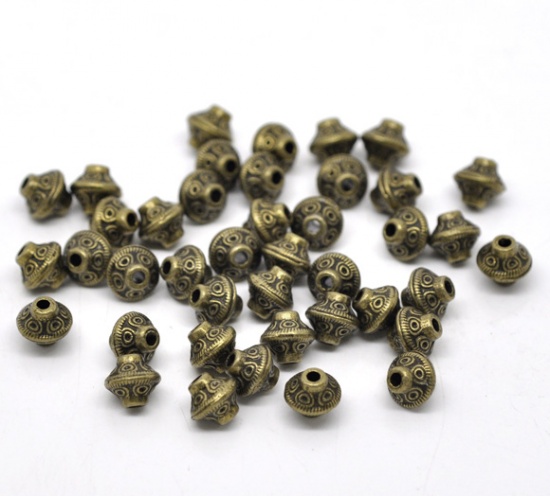 Bild von Zinklegierung Spacer Perlen Zwischenperlen Bicone Bronzefarbe Muster Geschnitzt ca. 6mm x 6mm, Loch:ca. 1.6mm, 100 Stück