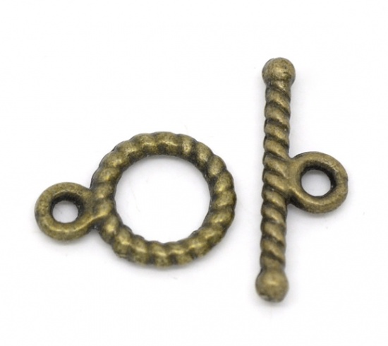Picture of Zinc Based Alloy Toggle Clasps Round Antique Bronze Stripe Carved 16mm x 5mm 11mm x 9mm, 50 Sets