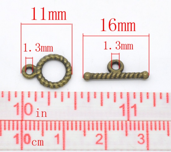 Picture of Zinc Based Alloy Toggle Clasps Round Antique Bronze Stripe Carved 16mm x 5mm 11mm x 9mm, 50 Sets