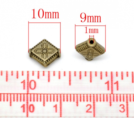 Picture of Zinc Based Alloy Spacer Beads Rhombus Antique Bronze Flower Carved About 10mm x 9mm, Hole:Approx 1mm, 100 PCs