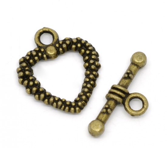 Picture of Zinc Based Alloy Toggle Clasps Heart Antique Bronze Dot Carved 19mm x 16mm 19mm x 8mm, 25 Sets
