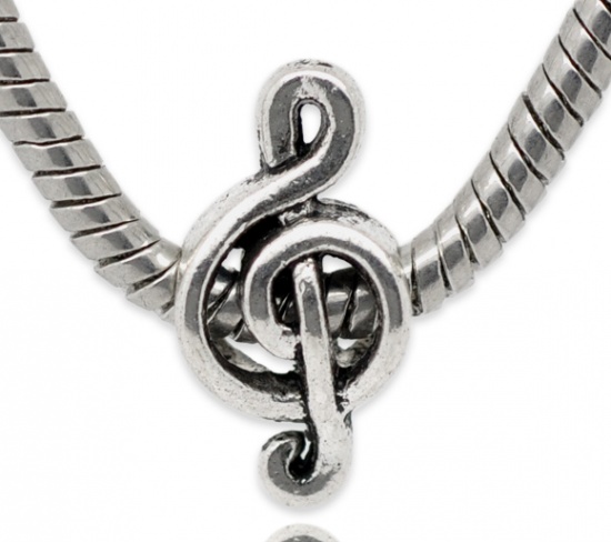 Picture of Zinc Metal Alloy European Style Large Hole Charm Beads Musical Note Antique Silver Color About 18mm x 9mm, Hole: Approx 4.7mm, 50 PCs
