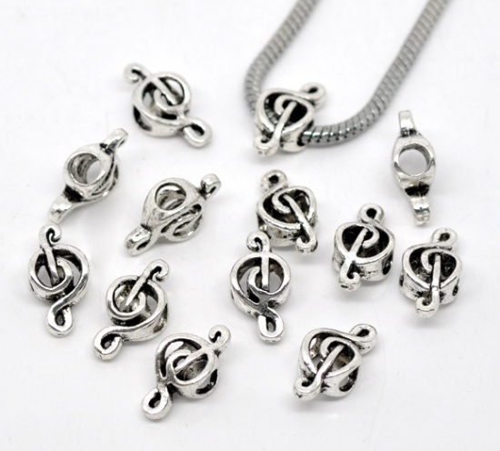 Picture of Zinc Metal Alloy European Style Large Hole Charm Beads Musical Note Antique Silver Color About 18mm x 9mm, Hole: Approx 4.7mm, 50 PCs