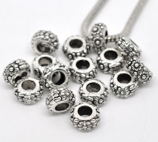 Picture of Zinc Metal Alloy European Style Large Hole Charm Beads Round Antique Silver Color Flower Pattern About 11mm Dia, Hole: Approx 5.3mm, 30 PCs
