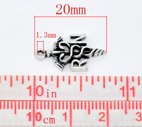 Picture of Zinc Based Alloy Charms Medical Symbol Caduceus Antique Silver 20mm( 6/8") x 11mm( 3/8"), 50 PCs
