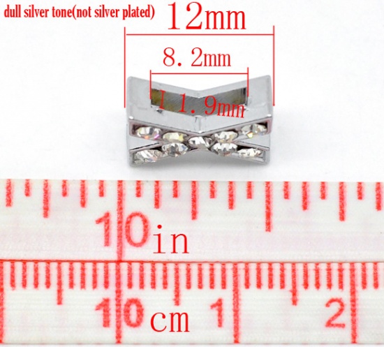 Immagine di Lega + Strass Separatori Perline Addetti Cinturini per Orologi Alfabeto Tono Argento Bianco Strass Circa 12.0mm x 10.0mm, Foro: Circa 8.2mm x 1.9mm , 20 Pz