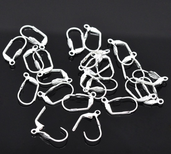 Picture of Brass Lever Back Clips Earring Findings Silver Plated 19mm( 6/8") x 10mm( 3/8"), 50 PCs                                                                                                                                                                       