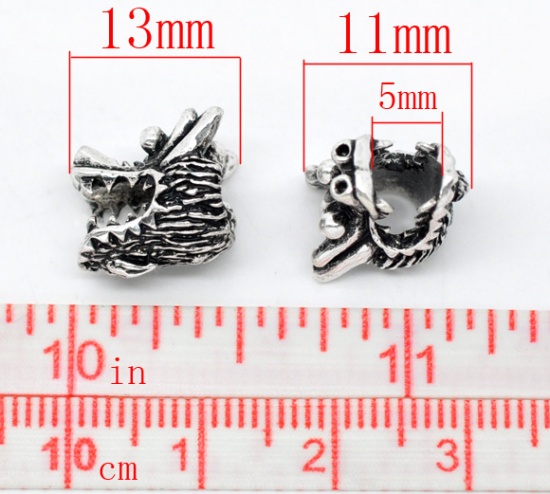 Picture of Zinc Metal Alloy European Style Large Hole Charm Beads Dragonhead Antique Silver Color Plated About 13mm x 11mm, Hole: Approx 5mm, 20 PCs
