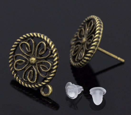 Picture of Zinc Based Alloy Ear Post Stud Earrings Findings Round Antique Bronze Flower Carved W/ Loop 17mm x 13mm, Post/ Wire Size: (21 gauge), 50 PCs