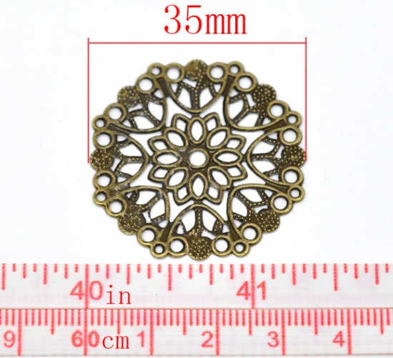 Picture of Iron Based Alloy Filigree Stamping Connectors Round Antique Bronze Flower 3.5cm Dia, 50 PCs