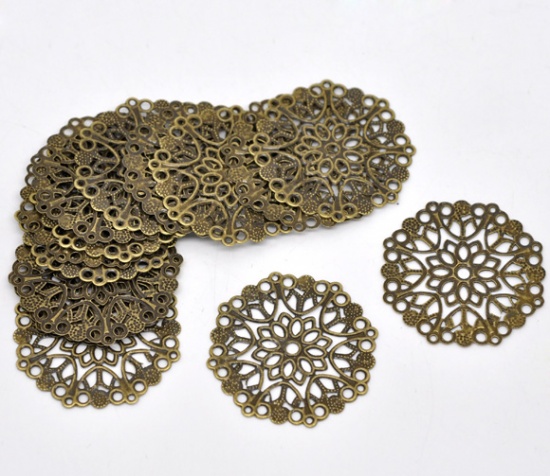 Picture of Iron Based Alloy Filigree Stamping Connectors Round Antique Bronze Flower 3.5cm Dia, 50 PCs