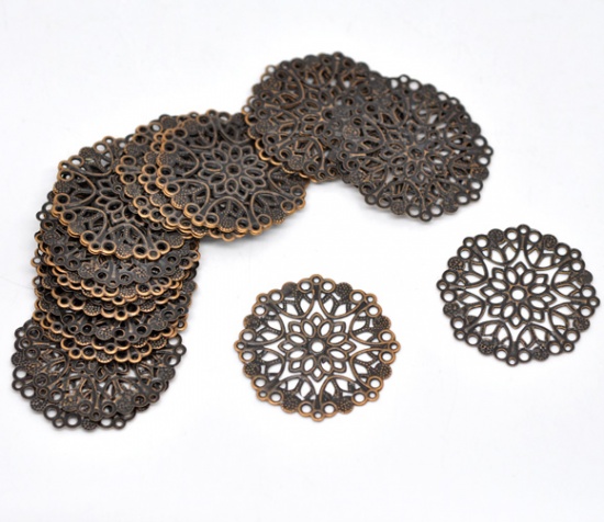 Picture of Filigree Stamping Connectors Findings Round Antique Copper Flower Hollow Pattern 3.5cm Dia, 50 PCs