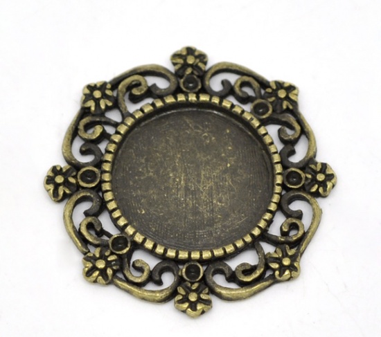Image de Pendentif en Alliage de Zinc Rond Bronze Antique Fleur Creux (Convenable à Cabochon 14mm Dia.) 27mm x 27mm, 20 PCs