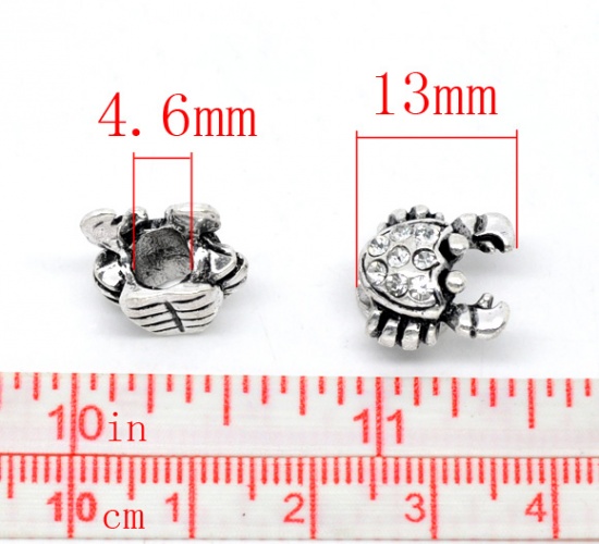 Picture of Ocean Jewelry Zinc Based Alloy European Style Large Hole Charm Beads Crab Antique Silver Clear Rhinestone About 13mm x 13mm, Hole: Approx 4.6mm, 10 PCs