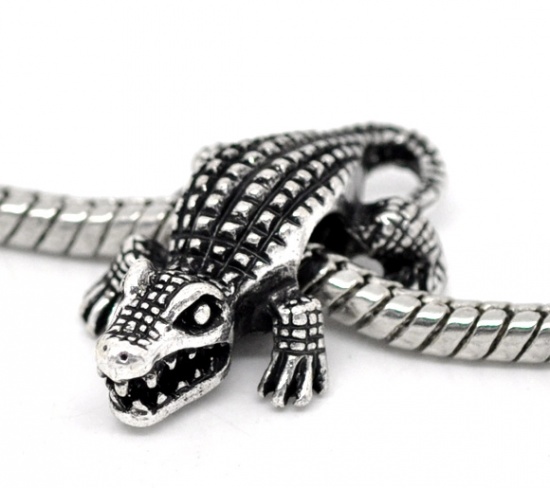 Picture of Zinc Metal Alloy European Style Large Hole Charm Beads Crocodile Antique Silver Color About 25mm x 16mm, Hole: Approx 4.8mm, 10 PCs