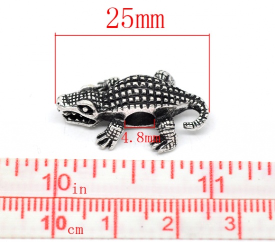 Picture of Zinc Metal Alloy European Style Large Hole Charm Beads Crocodile Antique Silver Color About 25mm x 16mm, Hole: Approx 4.8mm, 10 PCs