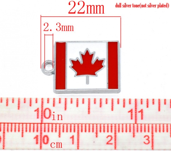 Picture of Silver Tone Enamel Canada Flag Charms Pendants 22x15mm, sold per packet of 20