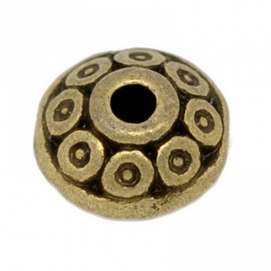 Bild von Zinklegierung Spacer Perlen Zwischenperlen Doppelkegel Rund Bronzefarbe Punkt Geschnitzt ca. 6mm D., Loch:ca. 1.5mm, 100 Stück