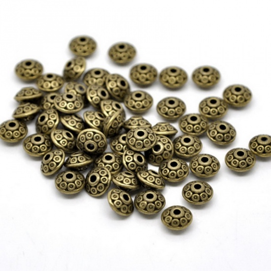 Bild von Zinklegierung Spacer Perlen Zwischenperlen Doppelkegel Rund Bronzefarbe Punkt Geschnitzt ca. 6mm D., Loch:ca. 1.5mm, 100 Stück