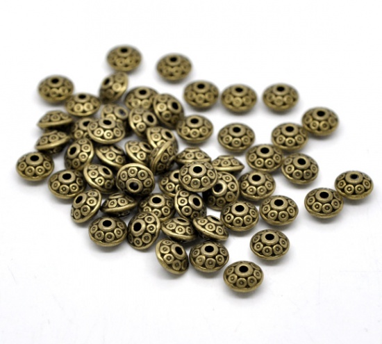 Picture of Zinc Based Alloy Spacer Beads Bicone Round Antique Bronze Dot Carved About 6mm Dia, Hole:Approx 1.5mm, 100 PCs