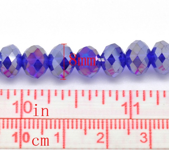 クリスタルガラスビーズ フラットラウンド 青 ABカラー 透明 ファセット・カット 約 8mm直径、 穴：約 1mm、 42cm長さ、 2 連 （約 72PCS /一連） の画像