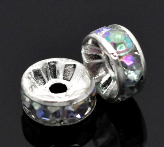 Bild von Zinklegierung Rondelle Spacer Perlen Zwischenperlen Rund Versilbert AB Farbe Strass ca. 8mm D., Loch:ca. 1.9mm, 100 Stück