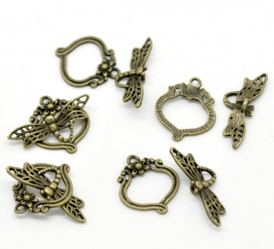 Picture of Zinc Based Alloy Toggle Clasps Dragonfly Antique Bronze 29mm x 11mm 22mm x 19mm, 30 Sets
