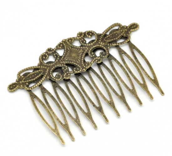 Picture of Filigree Stamping Hair Clips Comb Shape Antique Bronze Flower Pattern 6.5cm x 4.6cm, 10 PCs