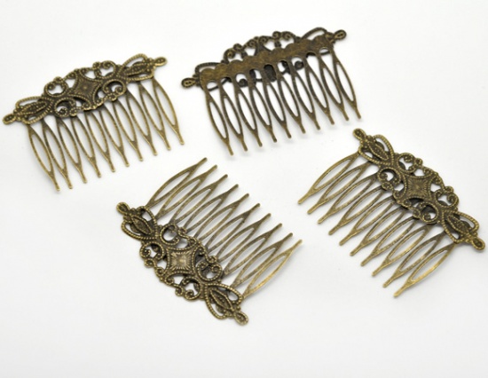 Picture of Filigree Stamping Hair Clips Comb Shape Antique Bronze Flower Pattern 6.5cm x 4.6cm, 10 PCs