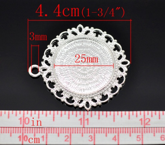 Bild von Zinklegierung Cabochon Fassung Anhänger Rund Versilbert (für 25.3mm D) 4.4cm x 4cm 5 Stück