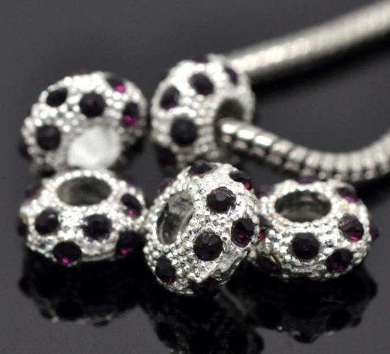 Picture of Zinc Metal Alloy European Style Large Hole Charm Beads Round Silver Plated Dark Purple Rhinestone 11x6mm, 10 PCs
