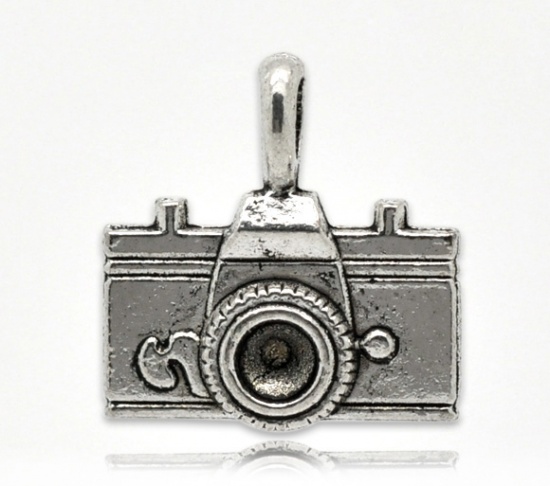 Picture of Zinc Based Alloy Charms Travel Camera Antique Silver Color (Can Hold ss23 Rhinestone) 22mm( 7/8") x 21mm( 7/8"), 20 PCs