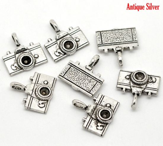 Picture of Zinc Based Alloy Charms Travel Camera Antique Silver Color (Can Hold ss23 Rhinestone) 22mm( 7/8") x 21mm( 7/8"), 20 PCs