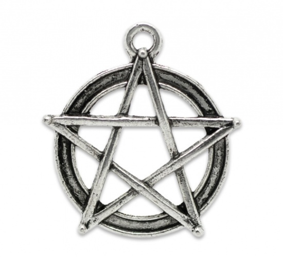 Picture of Zinc Based Alloy Pentacle Pentagram Pendants Round Antique Silver 31mm(1 2/8") x 28mm(1 1/8"), 20 PCs