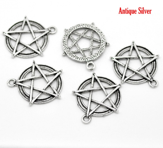Picture of Zinc Based Alloy Pentacle Pentagram Pendants Round Antique Silver 31mm(1 2/8") x 28mm(1 1/8"), 20 PCs