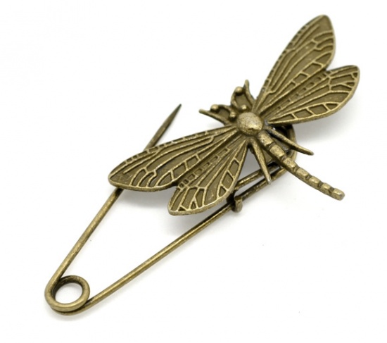Picture of Antique Bronze Dragonfly Safety Pins Brooches 6.9x3cm, sold per packet of 10
