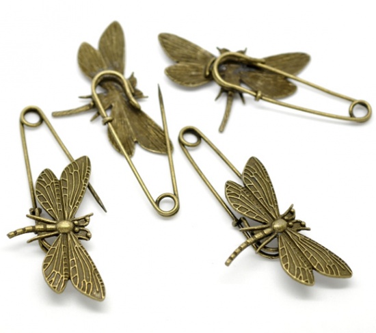 Picture of Antique Bronze Dragonfly Safety Pins Brooches 6.9x3cm, sold per packet of 10
