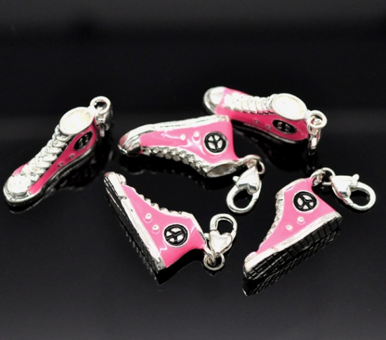 Picture of Clip On Charms For Vintage Charm Bracelet Shoe Silver Plated Pink Enamel 4.6cm x 0.9cm(1 6/8"x3/8"), 10 PCs