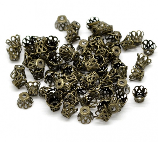 Picture of Iron Based Alloy Filigree Beads Caps Cup Flower Antique Bronze (Fits 8mm-9mm Beads) 9mm x 7mm, 260 PCs