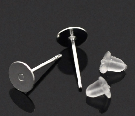 Image de Apprêts de Boucles d'Oreilles Puces en Laiton avec Embouts Forme Rond Argenté(sans nickel) 12mm x 6mm, Epaisseur de Fil: (21 gauge), 500 Pcs                                                                                                                  