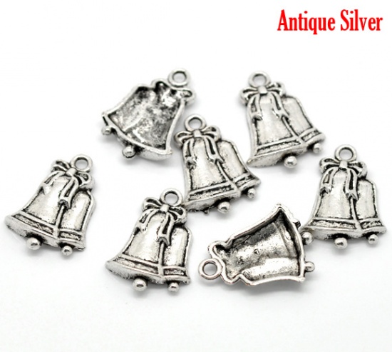 Picture of Antique Silver Color Christmas Jingle Bell Charms Pendants 23x17mm, sold per packet of 30