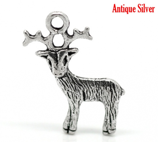 Picture of Antique Silver Color Christmas Reindeer Charms Pendants 24mm(1") x 19mm( 6/8"), 50 PCs